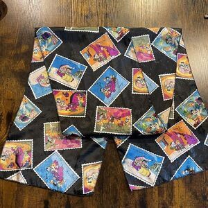 Vintage 90's Black Rainbow Flintstones Postcard Stamp cartoon Scarf ‎ 10x60"